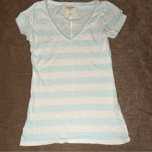 Abercrombie & Fitch Light Blue and White Striped V-Neck Tee